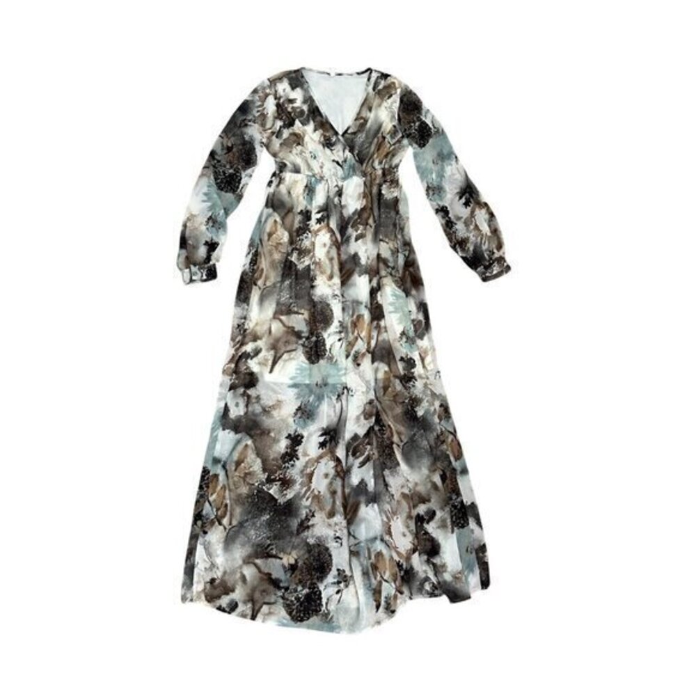 Floral Print Long Sleeve Maxi Dress With V-Neckline & Elastic Waist Sheer Chiffo